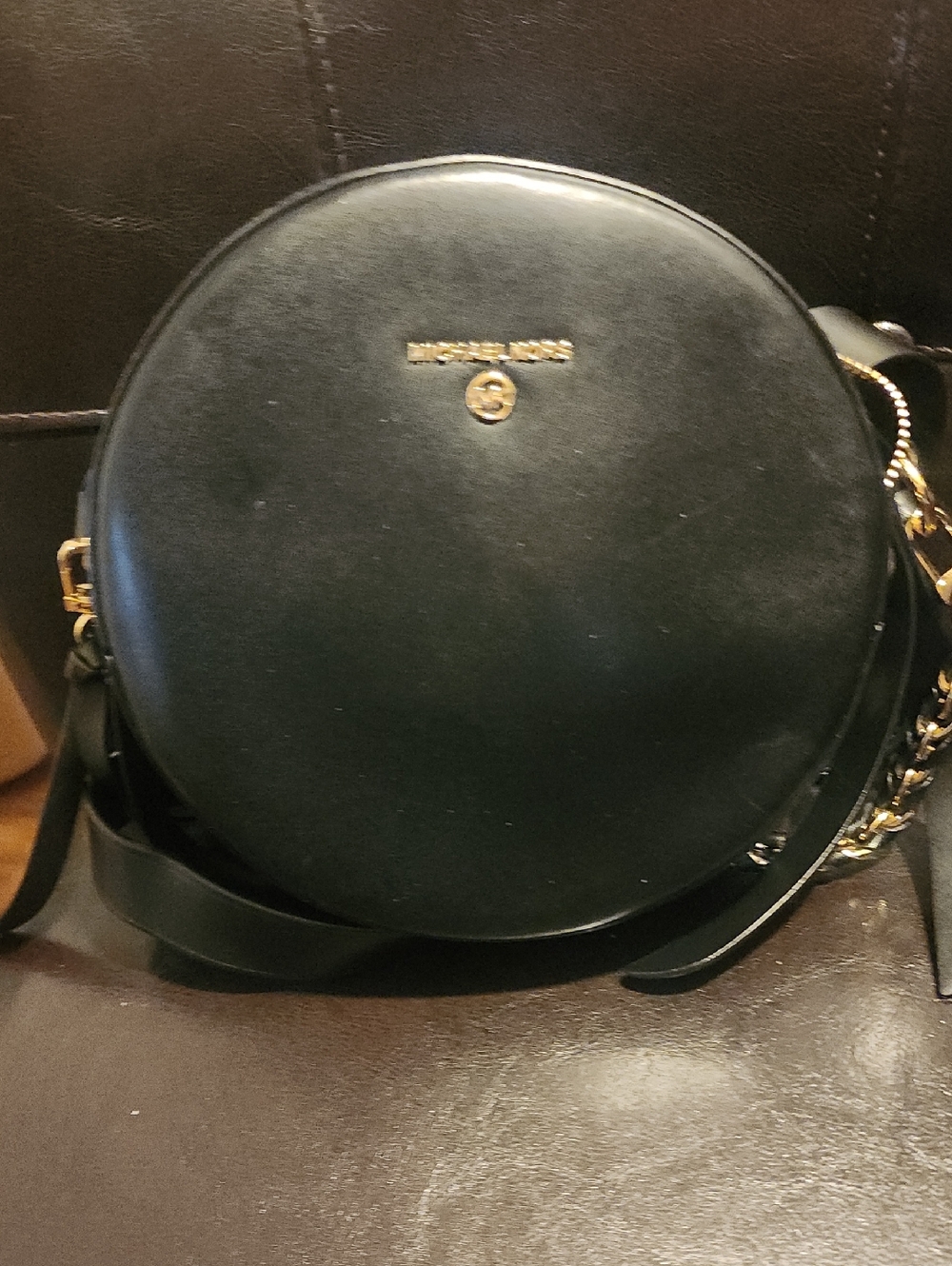 Michael Kors Black Round Leather Crossbody with Gold Accents